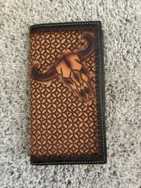 Hand-Tooled Brown Leather Western Wallet with Bull Skull
